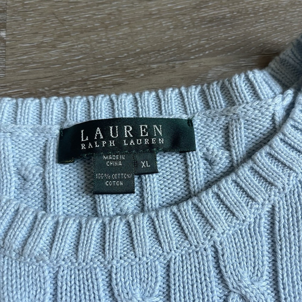 Lauren Ralph Lauren XL Cable Knit Sweater Baby Blue  Logo Fisherman Preppy - Picture 2 of 7